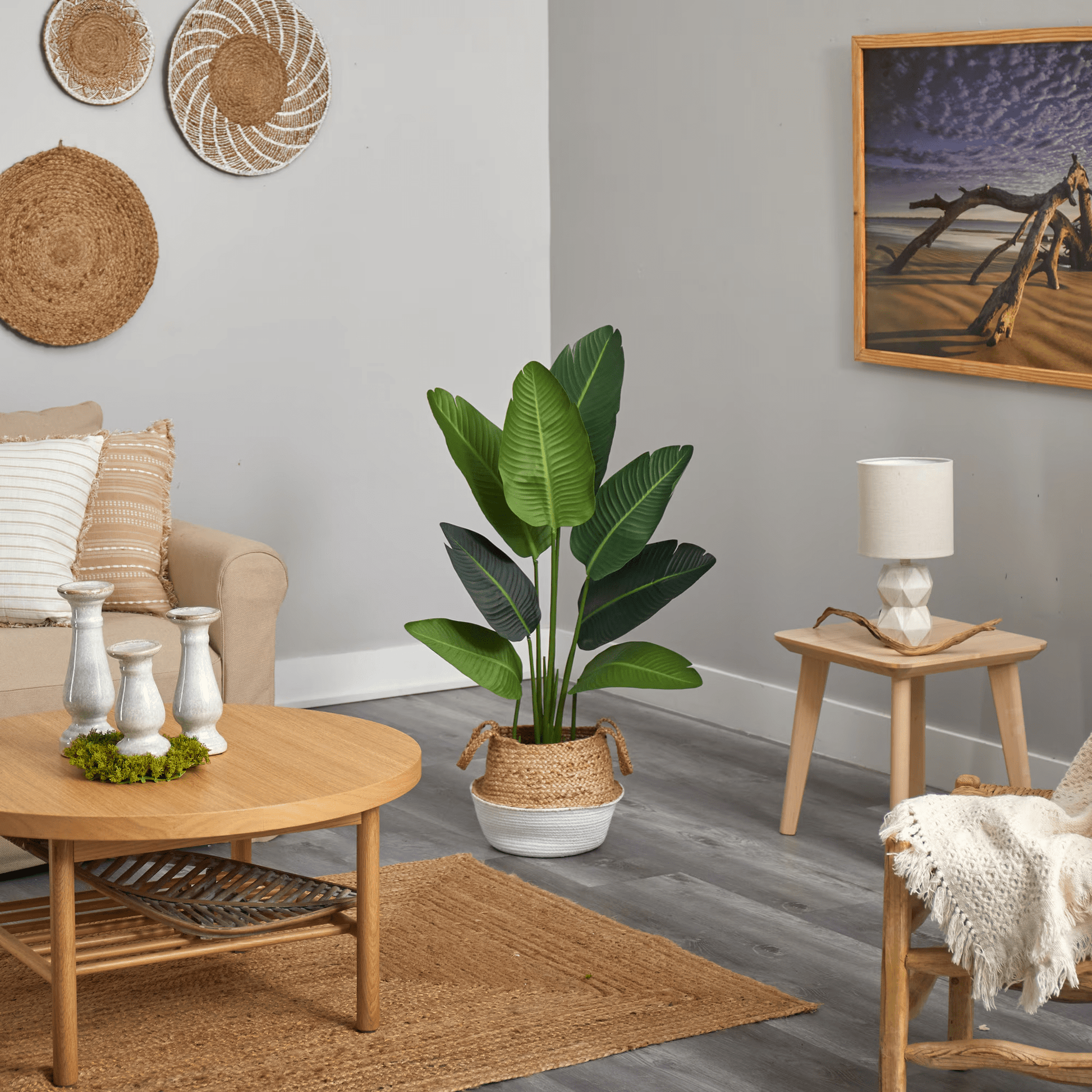 white woven planter 4 Feet Travelers Palm Artificial Tree in Boho Chic Handmade Cotton & J – Village Eight