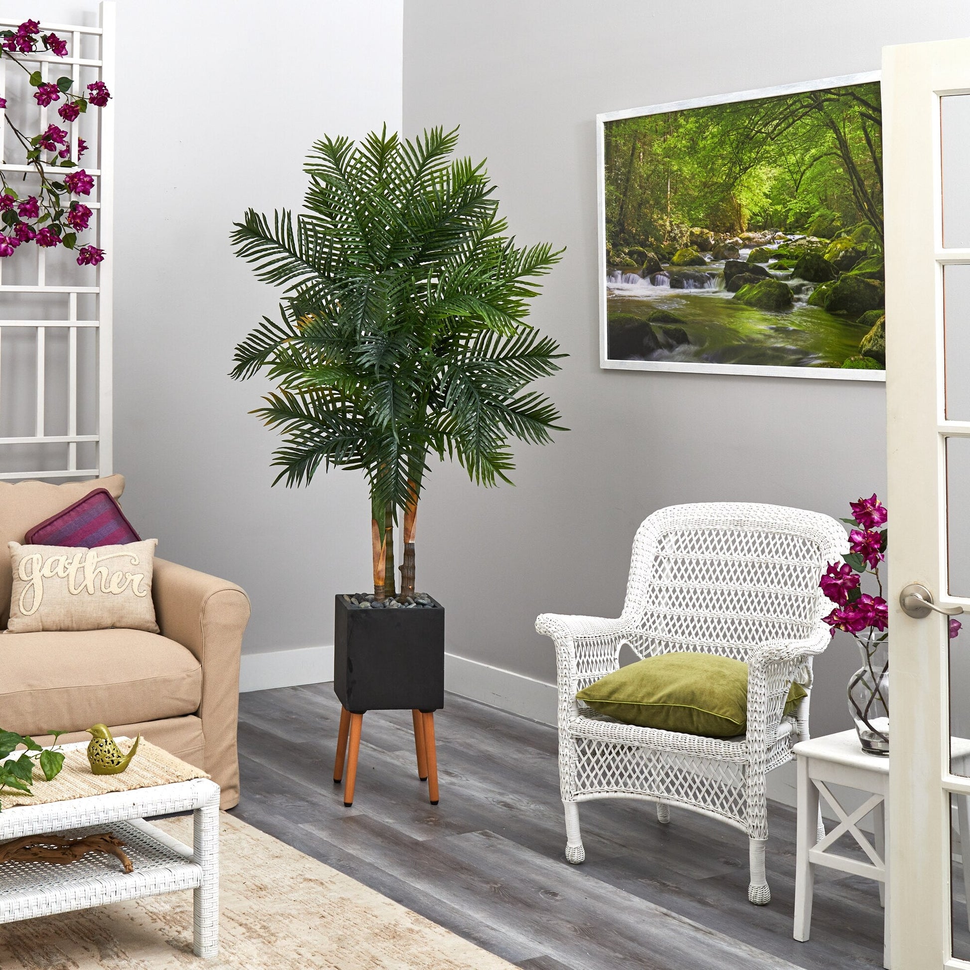 Tropical Areca Palm Artificial Tree in modern black planter, enhancing interiors with maintenance-free greenery