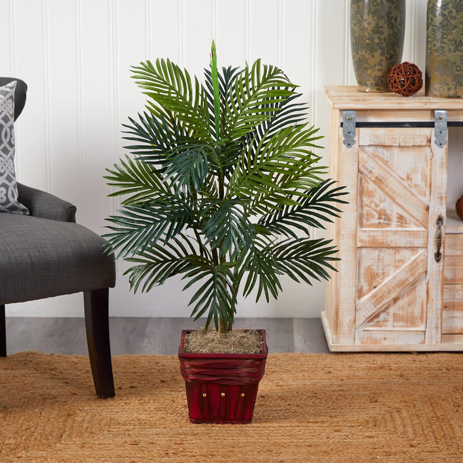 co-friendly Areca Palm artificial plant in rustic basket