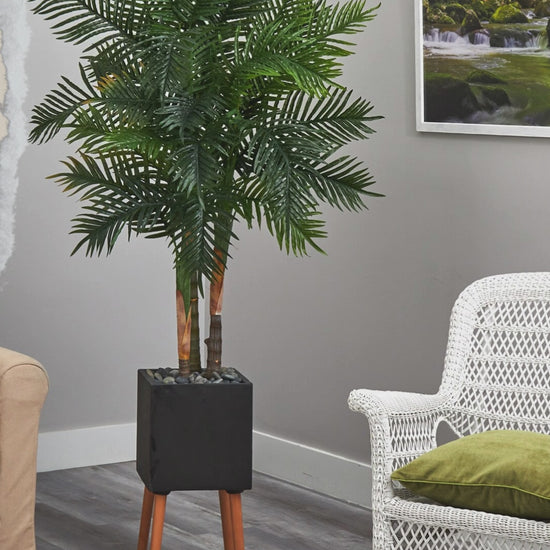 Tall Areca Palm Artificial Tree in sleek black planter with stand, adding a tropical touch to modern home decor